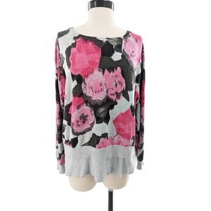 International Concepts Women Gray Floral Print Long Sleeve Sweater Size 1X
